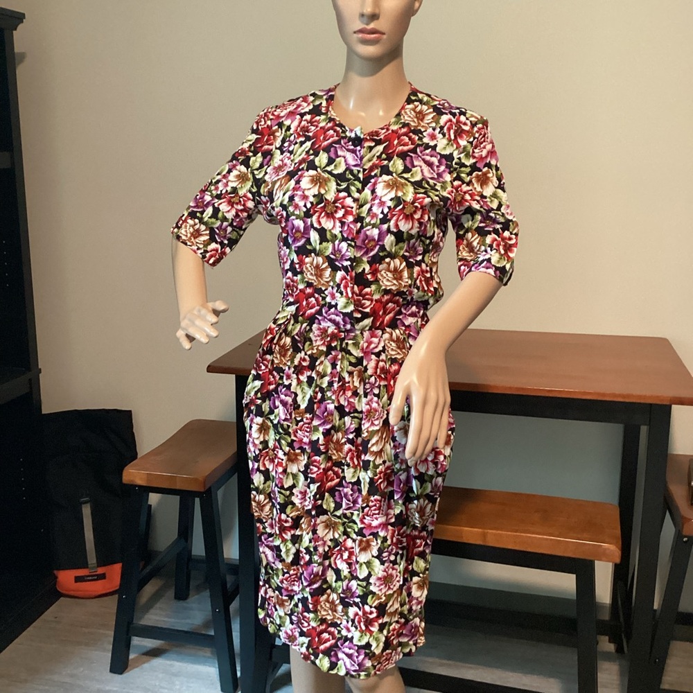 Vintage 80s 90s Floral Cimmaron Wiggle Dress Size XS-S Pockets Elastic Waist